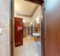 Bathroom with a shower in offices, floor with wood decor, light tiles.