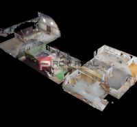 3D visualization of the interior space of an office with various rooms and equipment.