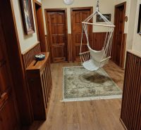 Interior of a family house with a swing, wooden doors, and a floor with a wooden decor.