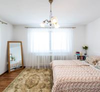 A bright bedroom with a large mirror and a patterned carpet in a family house.