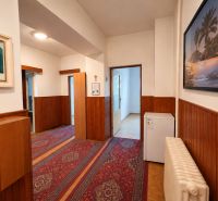 Hallway in a family house with a red carpet, wooden paneling, and wall paintings.