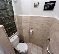 A toilet tiled with tiles and glass blocks, a family house with wall decoration.
