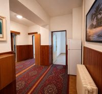 A hallway of a family house with wooden paneling, paintings, and a carpet on the floor.