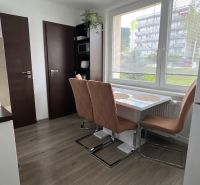 Dining area in a 3-room apartment with a wooden decor floor and a large window.