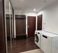 A spacious hallway in a 3-room apartment with storage space, a washing machine, and a dishwasher.