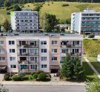 Apartment buildings on Papiernícka Street in Ružomberok, surrounded by green meadows.