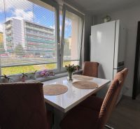 Dining table in a 3-room apartment with a view of the street through a large window.
