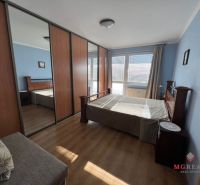A bedroom in a 3-room apartment with a wood-patterned floor and a large wardrobe.