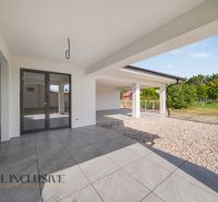 The terrace of a family house in Tomášikovo with gray paving and a garden in the background.