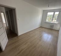 A room in a 2-room apartment with a wooden decor floor and a view from the window.