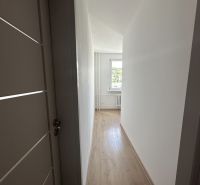 A narrow corridor with light walls and a floor with a wooden decor in a 2-room apartment.