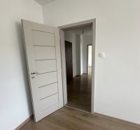 A room with white doors and a wooden decor floor in a 2-room apartment.