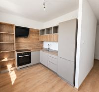 A kitchen in a 2-room apartment with a wooden decor floor and modern equipment.