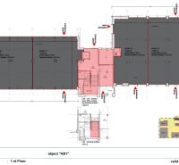 Floor plan of commercial spaces with entrances, technical rooms, and corridors.