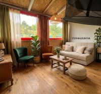 A cozy cabin interior with comfortable seating, plants, and a wood-patterned floor.