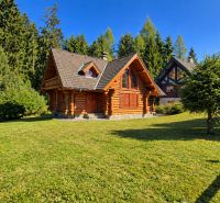 A wooden cabin in the forest near Banská Bystrica, surrounded by greenery and trees.
