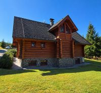 A wooden cabin in the environment of Banská Bystrica with coniferous trees and a lawn.