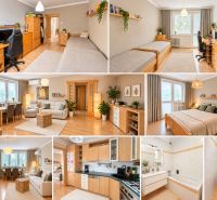 Spacious 3-room apartment with wood-patterned flooring, cozy living area, and modern kitchen.