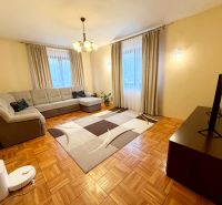 Living room with a corner sofa, carpet, and wooden decor flooring in a family house.