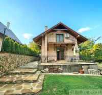 A cottage in Ružiná with brick walls, surrounded by greenery and a neat garden.