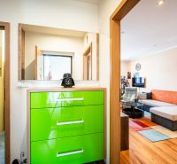 The entrance hall of a 2-room apartment with a green dresser and a view into the living room with a wooden decor floor.