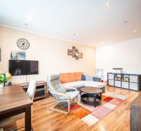 Living room in a two-room apartment with a wooden decor floor and a colorful carpet.