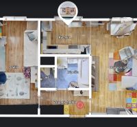 Floor plan of a 2-room apartment with an entrance hallway and flooring with a wood decor.