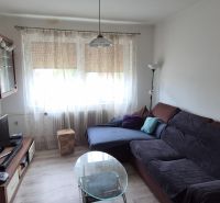 Living room in a family house with a couch, TV stand, and curtains.