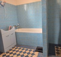 A bathroom in a family house with blue tiles, a bathtub, and a sink.