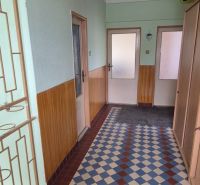 A hallway in a family house with patterned tiles and wooden wall paneling.