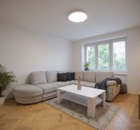 Living room in a 3-room apartment with a sofa and a wooden decor floor.