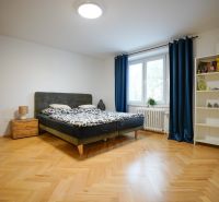 Bedroom in a 3-room apartment with wood-patterned flooring and blue curtains.