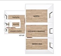 Floor plan of a 3-room apartment with wood-patterned flooring and functional room layout.