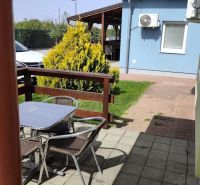 Garden with a terrace and table in front of a blue building in Boldog, 1-room apartment.