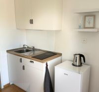 A small kitchen in a studio apartment with a cupboard, refrigerator, and stovetop.