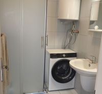 A bathroom with a washing machine, shower, and boiler in a studio apartment.