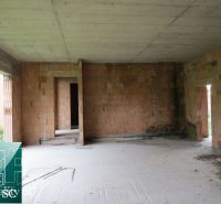 Unfinished interior in a family house with exposed brick walls and a concrete ceiling.