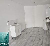A white room with a sink, boiler, and wood-patterned flooring in commercial premises.