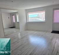 Commercial premises with a wooden decor floor, mirror, and windows.