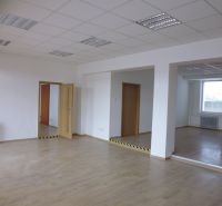 Interior of commercial spaces with wood-patterned flooring and white walls.