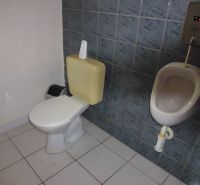 Restroom with a urinal in commercial premises with ceramic tiles and flooring.