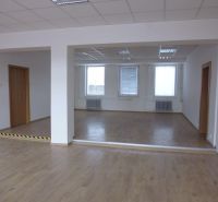 Commercial spaces with wood-patterned flooring and ceiling panels.