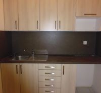 Kitchen unit in commercial premises with wooden decor and tiled flooring.