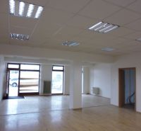 Commercial spaces with large windows and wooden decor flooring.