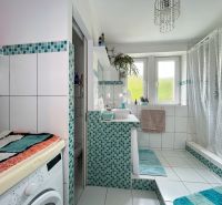 A bathroom in a 2-room apartment with a shower, a washing machine, and blue tiles.