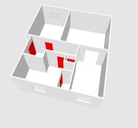 3D floor plan of a 2-room apartment with red doors and walls marked.