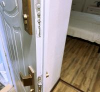 Doors with a security lock and a floor with a wooden decor in a 2-room apartment.