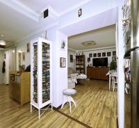 Interior of a 2-room apartment with a wooden decor floor and a showcase with model cars.