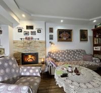 Living room in a two-room apartment with a fireplace, wall decor, and shelves.