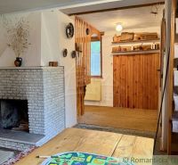 The interior of a cottage with a fireplace, wooden decorations, and shelves for plates and mugs.
